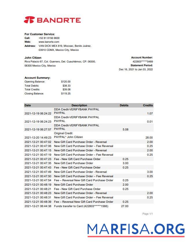 Printable Mexico Banorte bank statement word download for verification